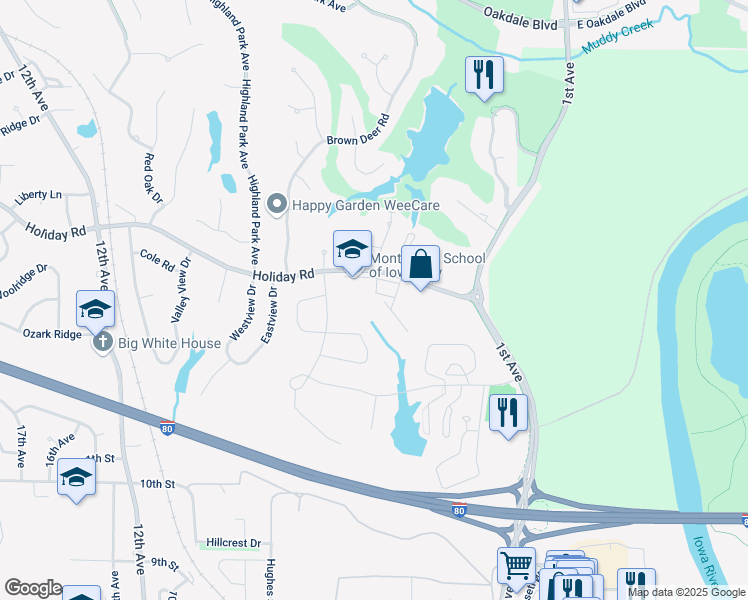 map of restaurants, bars, coffee shops, grocery stores, and more near 362-410 Holiday Road in Coralville