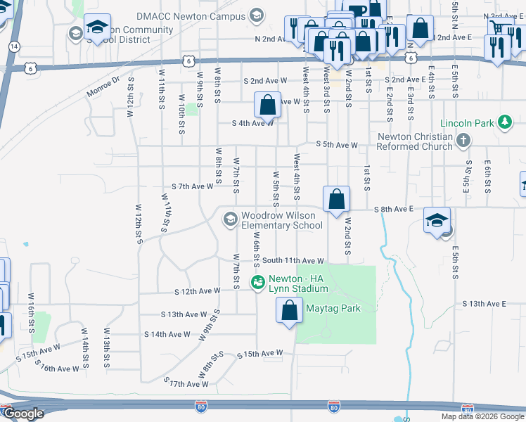 map of restaurants, bars, coffee shops, grocery stores, and more near 515 South 8th Avenue West in Newton