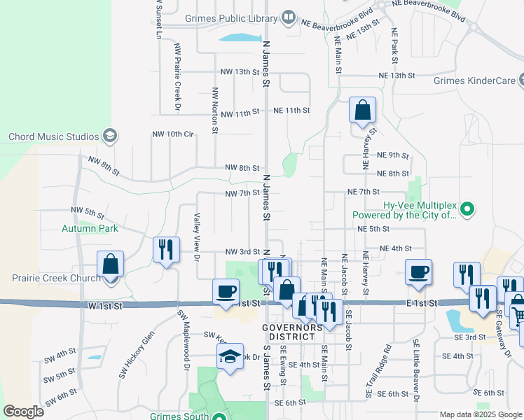 map of restaurants, bars, coffee shops, grocery stores, and more near 600 North James Street in Grimes