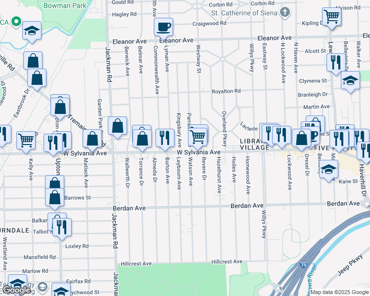map of restaurants, bars, coffee shops, grocery stores, and more near 1478 West Sylvania Avenue in Toledo