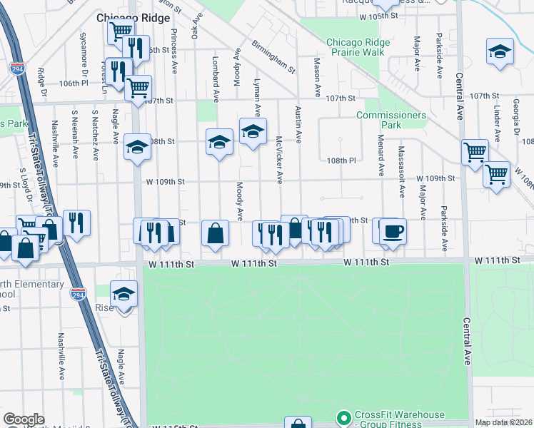 map of restaurants, bars, coffee shops, grocery stores, and more near 10949 Lyman Avenue in Chicago Ridge