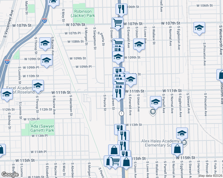 map of restaurants, bars, coffee shops, grocery stores, and more near 834 West 111th Street in Chicago