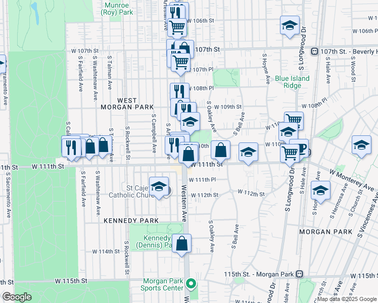 map of restaurants, bars, coffee shops, grocery stores, and more near 2404 West 111th Street in Chicago
