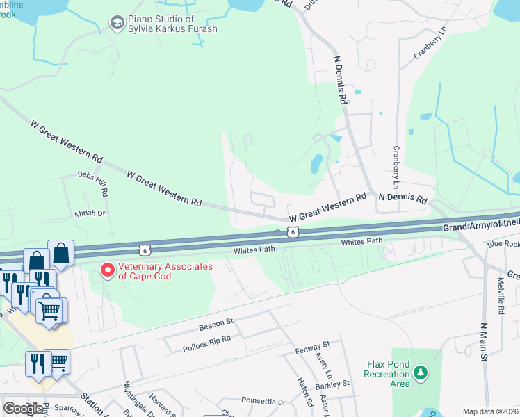 map of restaurants, bars, coffee shops, grocery stores, and more near 11 Hawk's Wing Road in Yarmouth