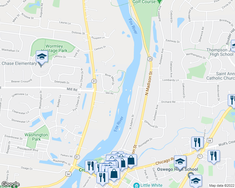 map of restaurants, bars, coffee shops, grocery stores, and more near 4680 Mill Road in Oswego