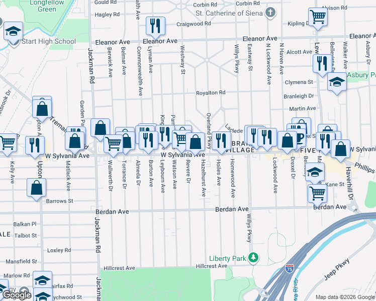 map of restaurants, bars, coffee shops, grocery stores, and more near 1434 West Sylvania Avenue in Toledo