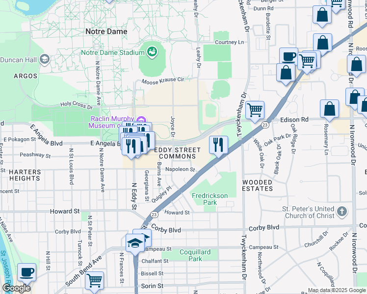 map of restaurants, bars, coffee shops, grocery stores, and more near 1338-1432 Edison Road in South Bend