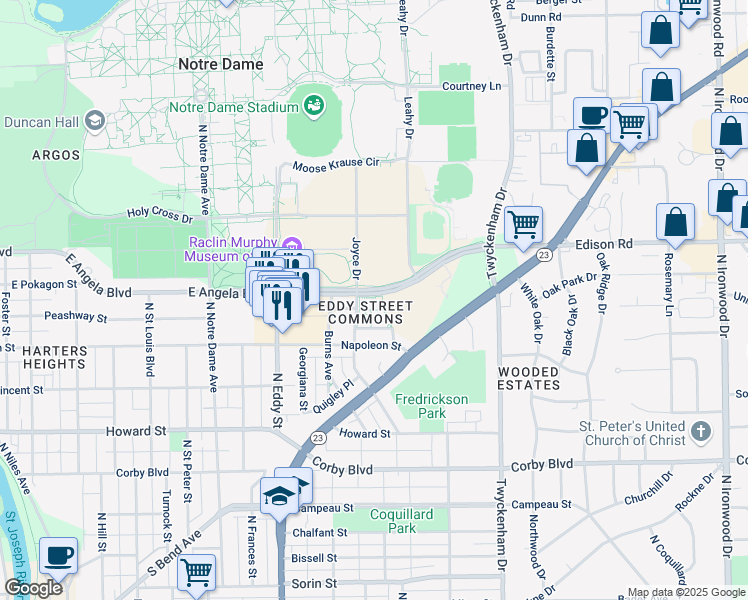 map of restaurants, bars, coffee shops, grocery stores, and more near in South Bend