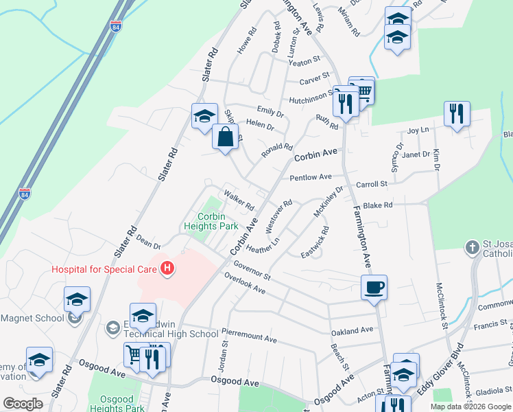 map of restaurants, bars, coffee shops, grocery stores, and more near 2346 Corbin Avenue in New Britain