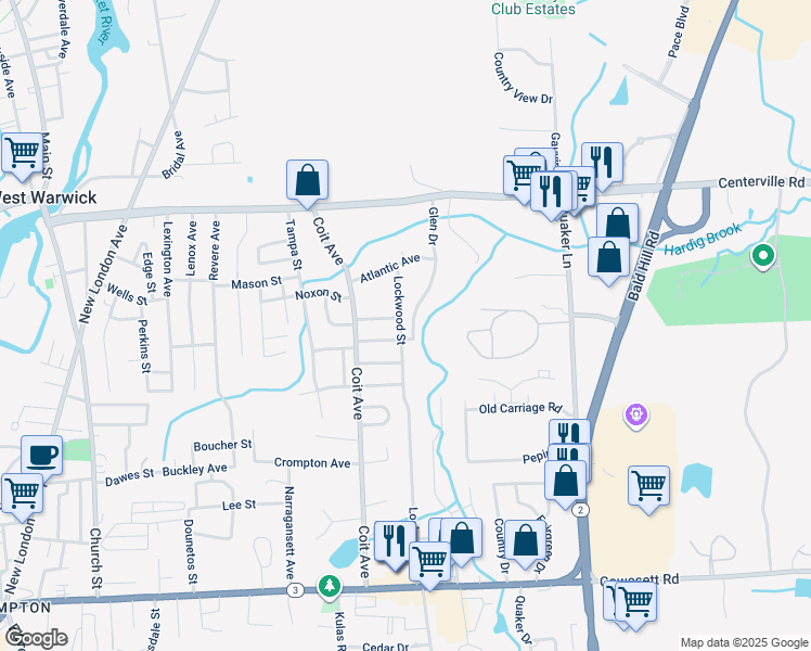 map of restaurants, bars, coffee shops, grocery stores, and more near 34 Lockwood Street in West Warwick