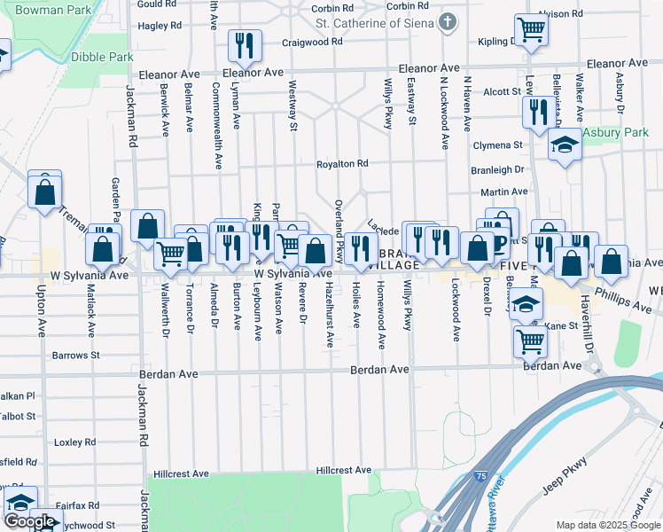 map of restaurants, bars, coffee shops, grocery stores, and more near 1396 West Sylvania Avenue in Toledo