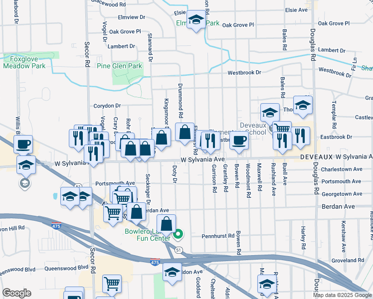 map of restaurants, bars, coffee shops, grocery stores, and more near 2936 W Sylvania Ave in Toledo