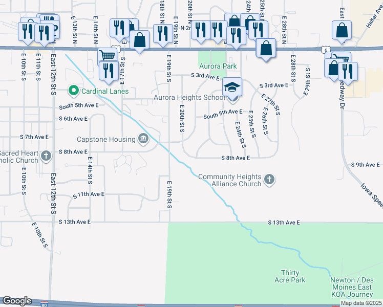 map of restaurants, bars, coffee shops, grocery stores, and more near 712 East 20th Street South in Newton