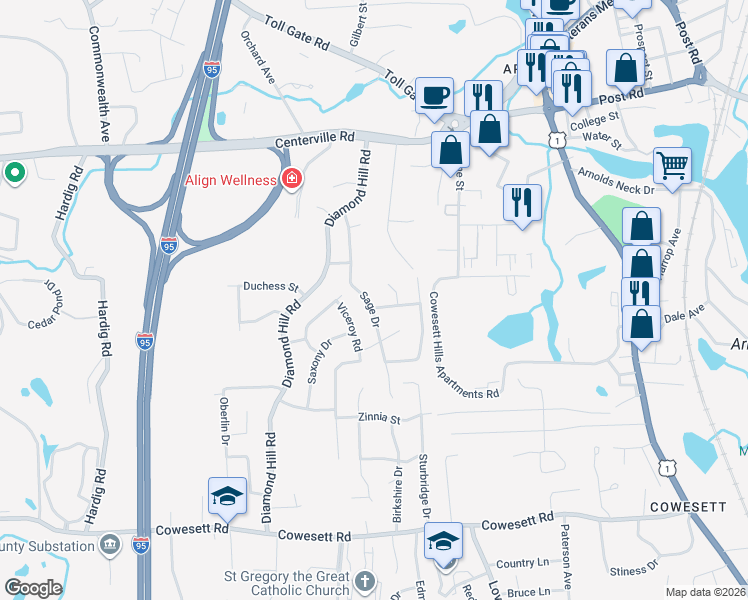 map of restaurants, bars, coffee shops, grocery stores, and more near 52 Sage Drive in Warwick