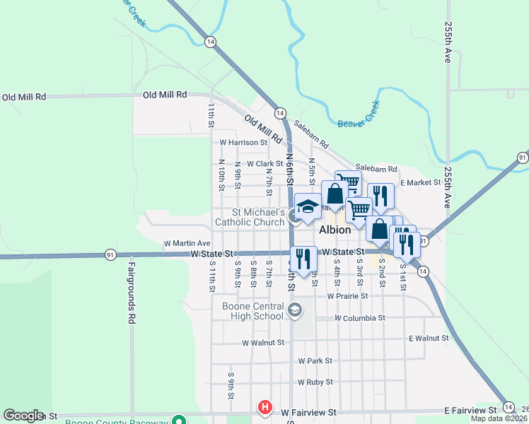 map of restaurants, bars, coffee shops, grocery stores, and more near 100-198 South 7th Street in Albion
