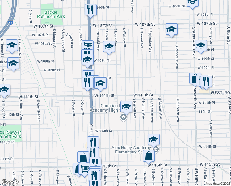 map of restaurants, bars, coffee shops, grocery stores, and more near 634 West 111th Street in Chicago