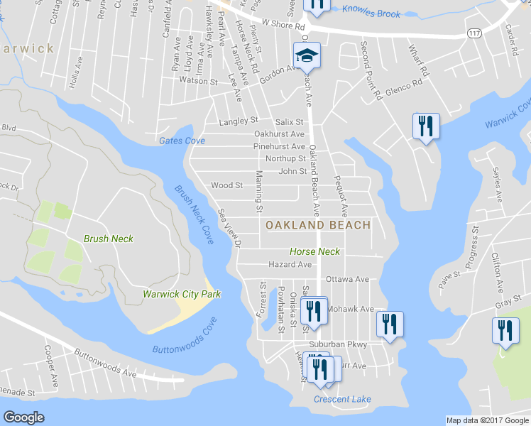 map of restaurants, bars, coffee shops, grocery stores, and more near 185 Coburn Street in Warwick