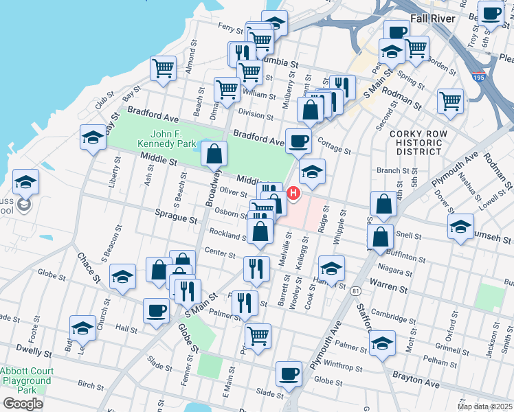 map of restaurants, bars, coffee shops, grocery stores, and more near 261 Oliver Street in Fall River