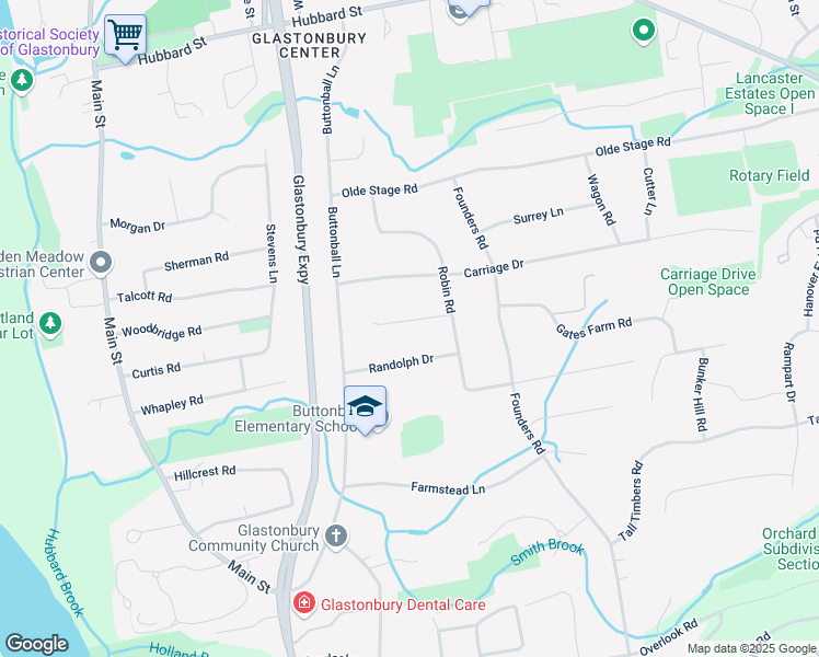 map of restaurants, bars, coffee shops, grocery stores, and more near 38 Sulky Lane in Glastonbury