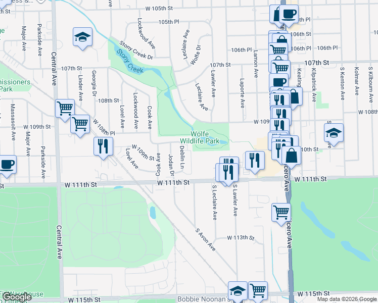 map of restaurants, bars, coffee shops, grocery stores, and more near 5105 Deblin Lane in Oak Lawn