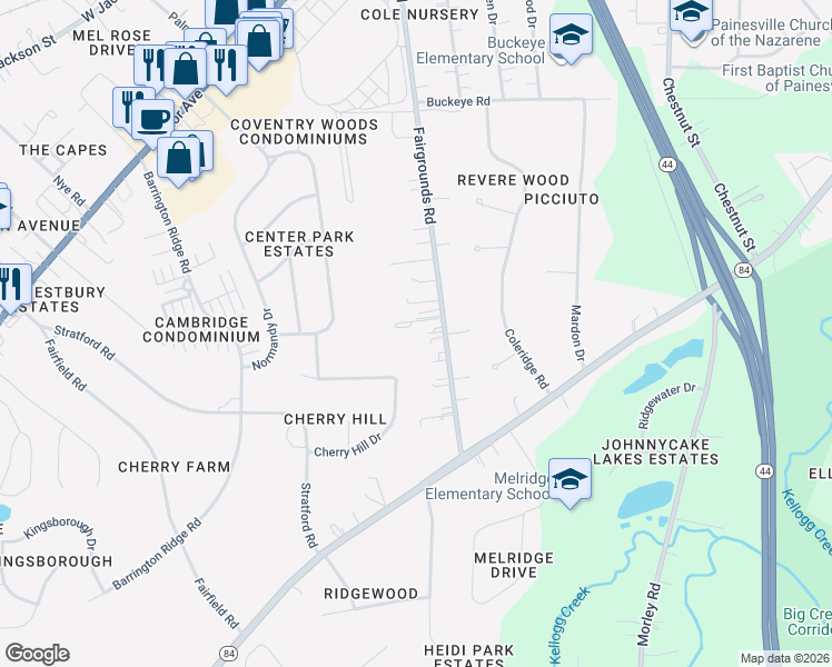map of restaurants, bars, coffee shops, grocery stores, and more near 466 Fairgrounds Road in Painesville