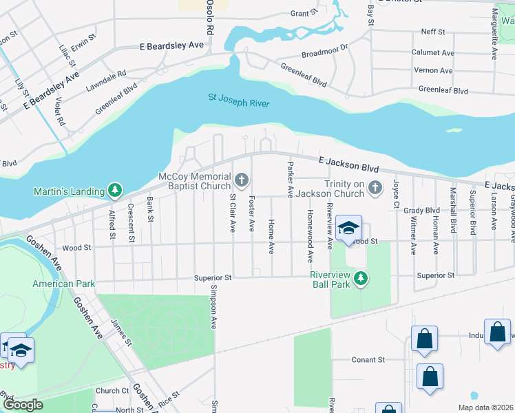 map of restaurants, bars, coffee shops, grocery stores, and more near 158 Foster Avenue in Elkhart