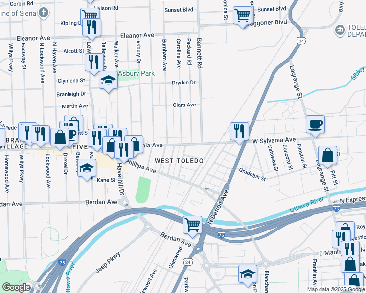 map of restaurants, bars, coffee shops, grocery stores, and more near 3915 West Sylvania Avenue in Toledo