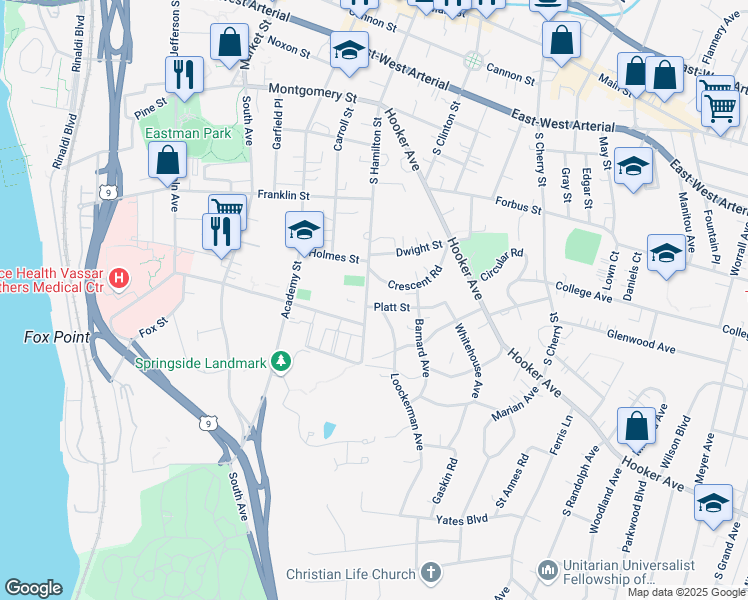 map of restaurants, bars, coffee shops, grocery stores, and more near 139 South Hamilton Street in Poughkeepsie