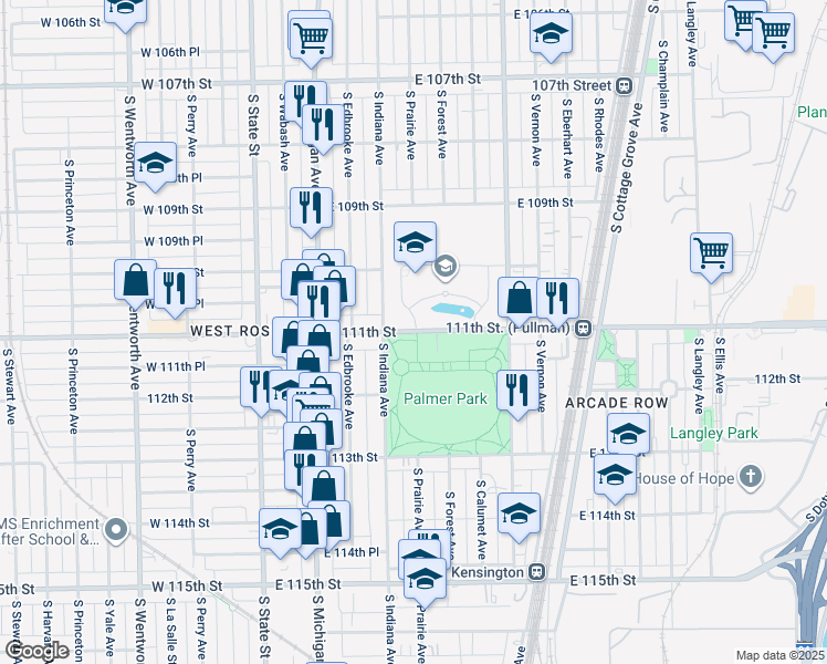 map of restaurants, bars, coffee shops, grocery stores, and more near 250 East 111th Street in Chicago