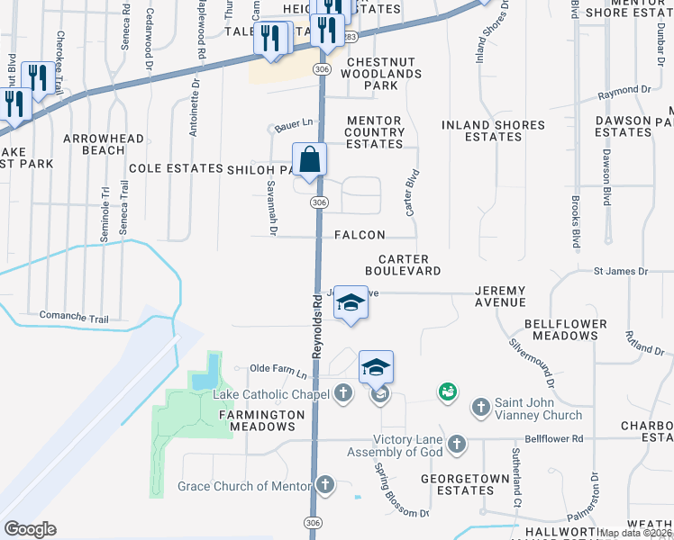 map of restaurants, bars, coffee shops, grocery stores, and more near 6569 Reynolds Rd in Mentor