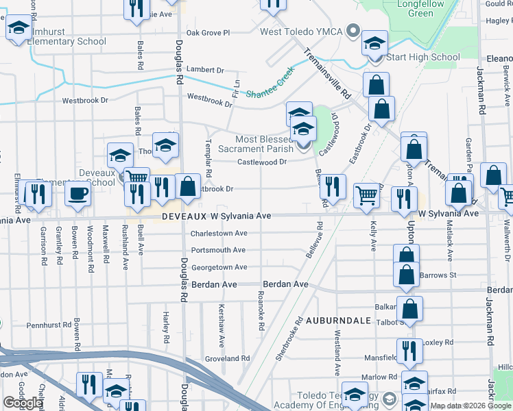 map of restaurants, bars, coffee shops, grocery stores, and more near 2310 West Sylvania Avenue in Toledo