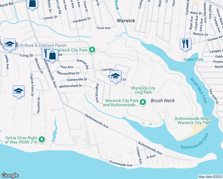 map of restaurants, bars, coffee shops, grocery stores, and more near 14 Griffin Drive in Warwick