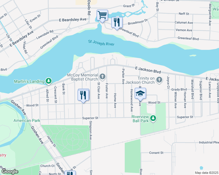 map of restaurants, bars, coffee shops, grocery stores, and more near 158 Foster Avenue in Elkhart