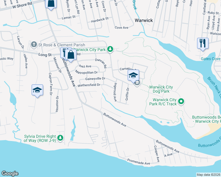 map of restaurants, bars, coffee shops, grocery stores, and more near 120 Wethersfield Drive in Warwick
