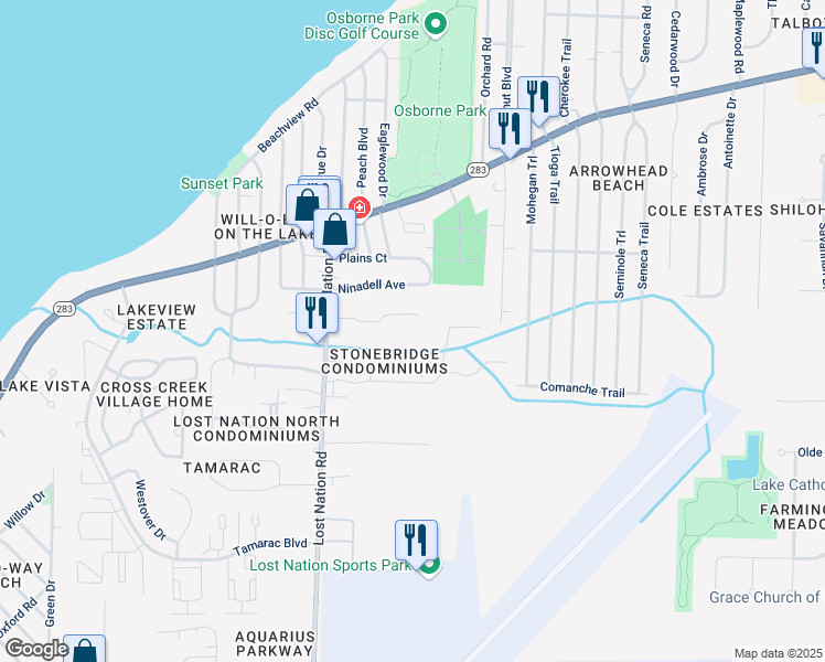 map of restaurants, bars, coffee shops, grocery stores, and more near 1265 Lost Nation Road in Willoughby