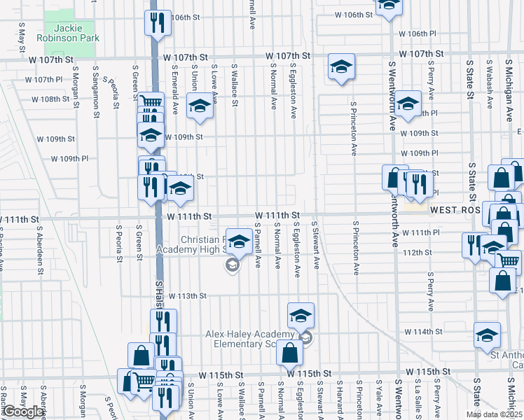 map of restaurants, bars, coffee shops, grocery stores, and more near 520 W 111th St in Chicago