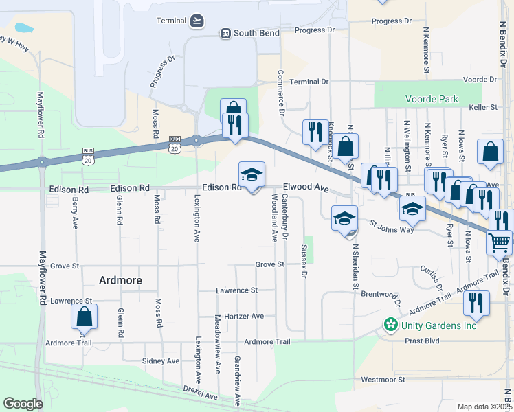 map of restaurants, bars, coffee shops, grocery stores, and more near 4404 Elwood Avenue in South Bend