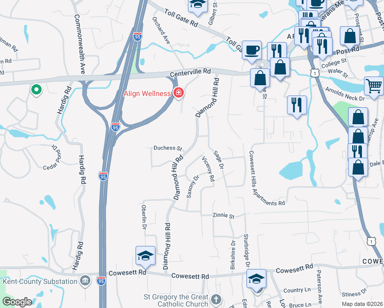 map of restaurants, bars, coffee shops, grocery stores, and more near 220 Diamond Hill Road in Warwick
