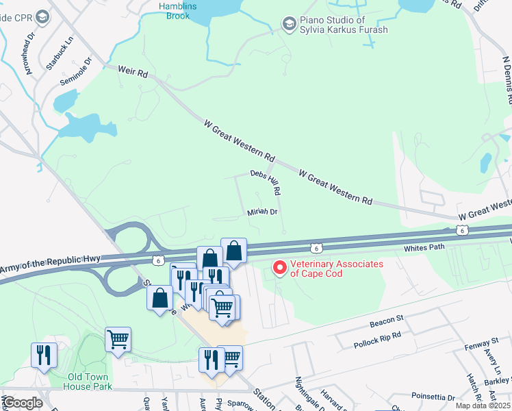 map of restaurants, bars, coffee shops, grocery stores, and more near 2 Thistle Circle in Yarmouth