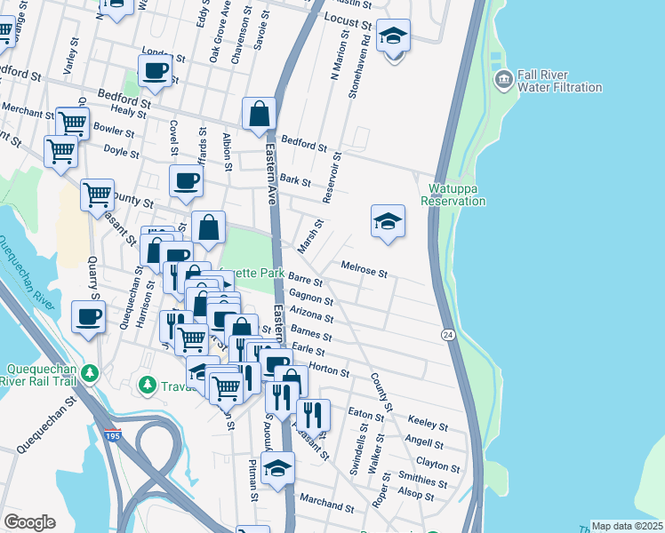 map of restaurants, bars, coffee shops, grocery stores, and more near 8 Concord Street in Fall River