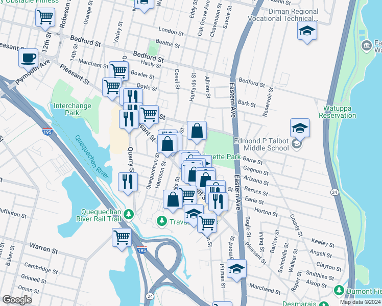 map of restaurants, bars, coffee shops, grocery stores, and more near 139 Thomas Street in Fall River