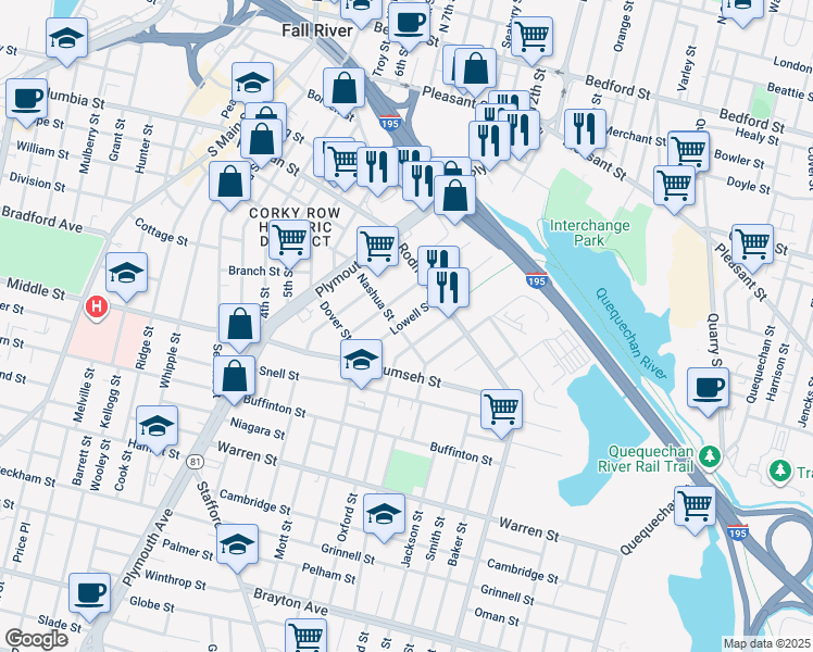 map of restaurants, bars, coffee shops, grocery stores, and more near 65 Manchester Street in Fall River