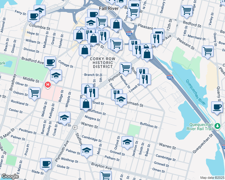 map of restaurants, bars, coffee shops, grocery stores, and more near 92 Dover Street in Fall River