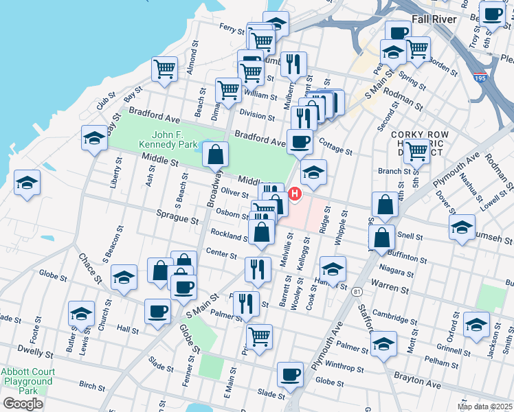 map of restaurants, bars, coffee shops, grocery stores, and more near in Fall River