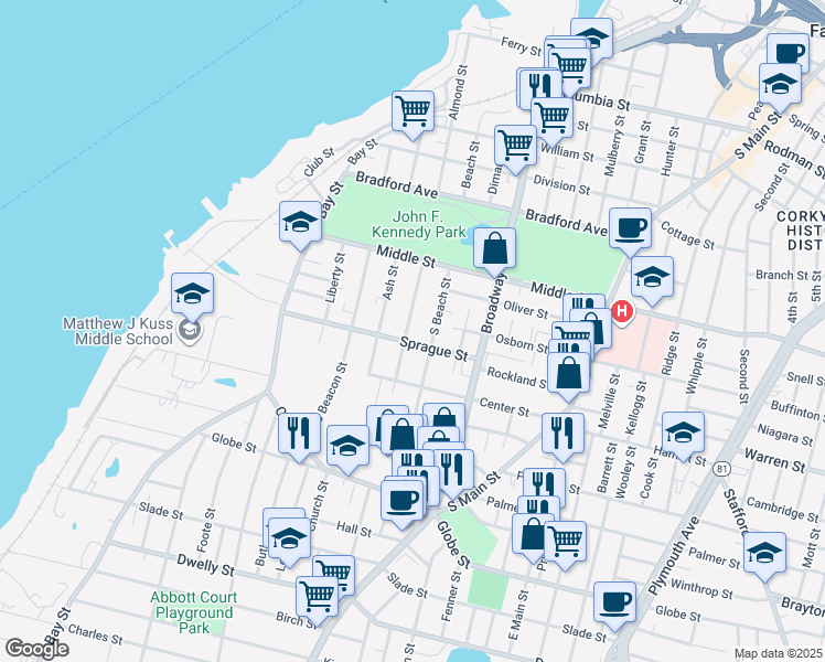map of restaurants, bars, coffee shops, grocery stores, and more near 282 Sprague Street in Fall River
