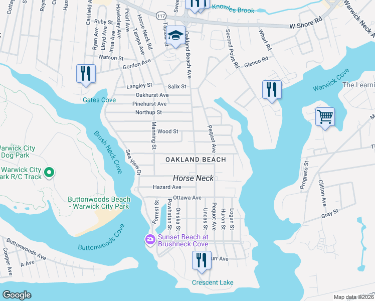 map of restaurants, bars, coffee shops, grocery stores, and more near in Warwick