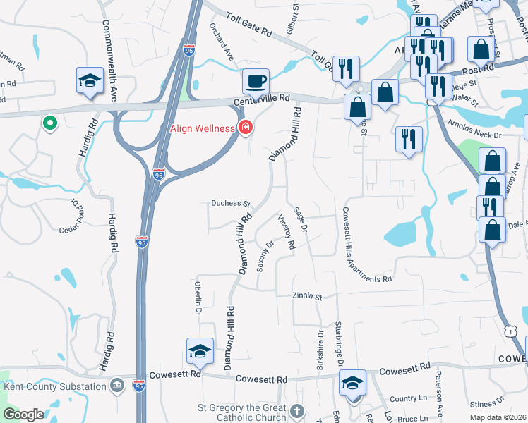 map of restaurants, bars, coffee shops, grocery stores, and more near 220 Diamond Hill Road in Warwick