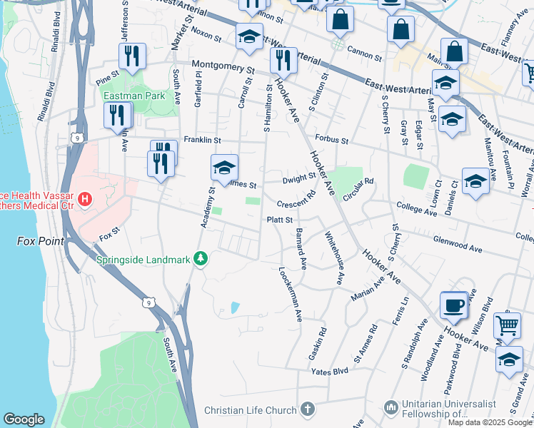 map of restaurants, bars, coffee shops, grocery stores, and more near 139 South Hamilton Street in Poughkeepsie