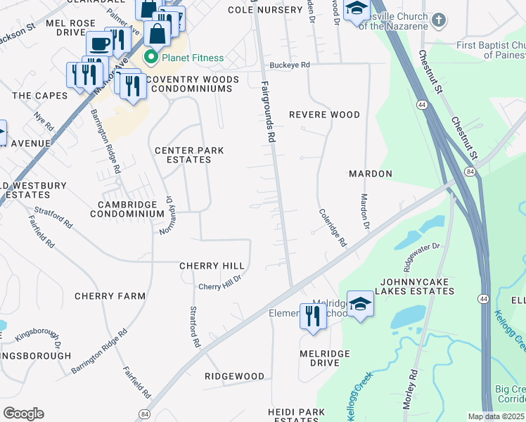map of restaurants, bars, coffee shops, grocery stores, and more near 466 Fairgrounds Road in Painesville