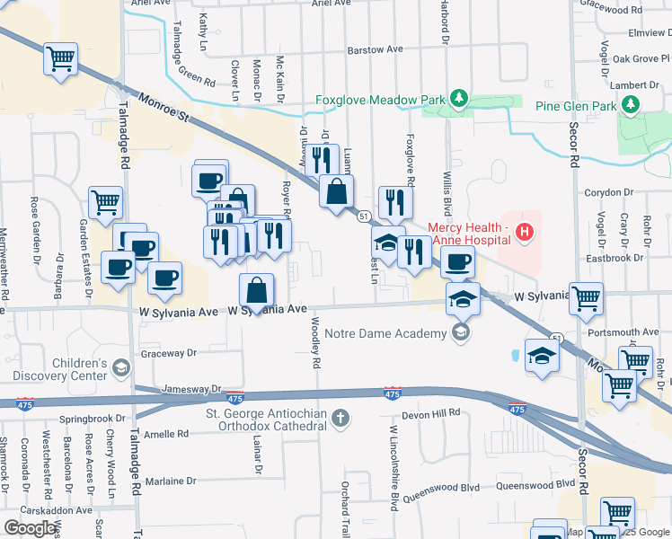 map of restaurants, bars, coffee shops, grocery stores, and more near Strang Cir in Toledo